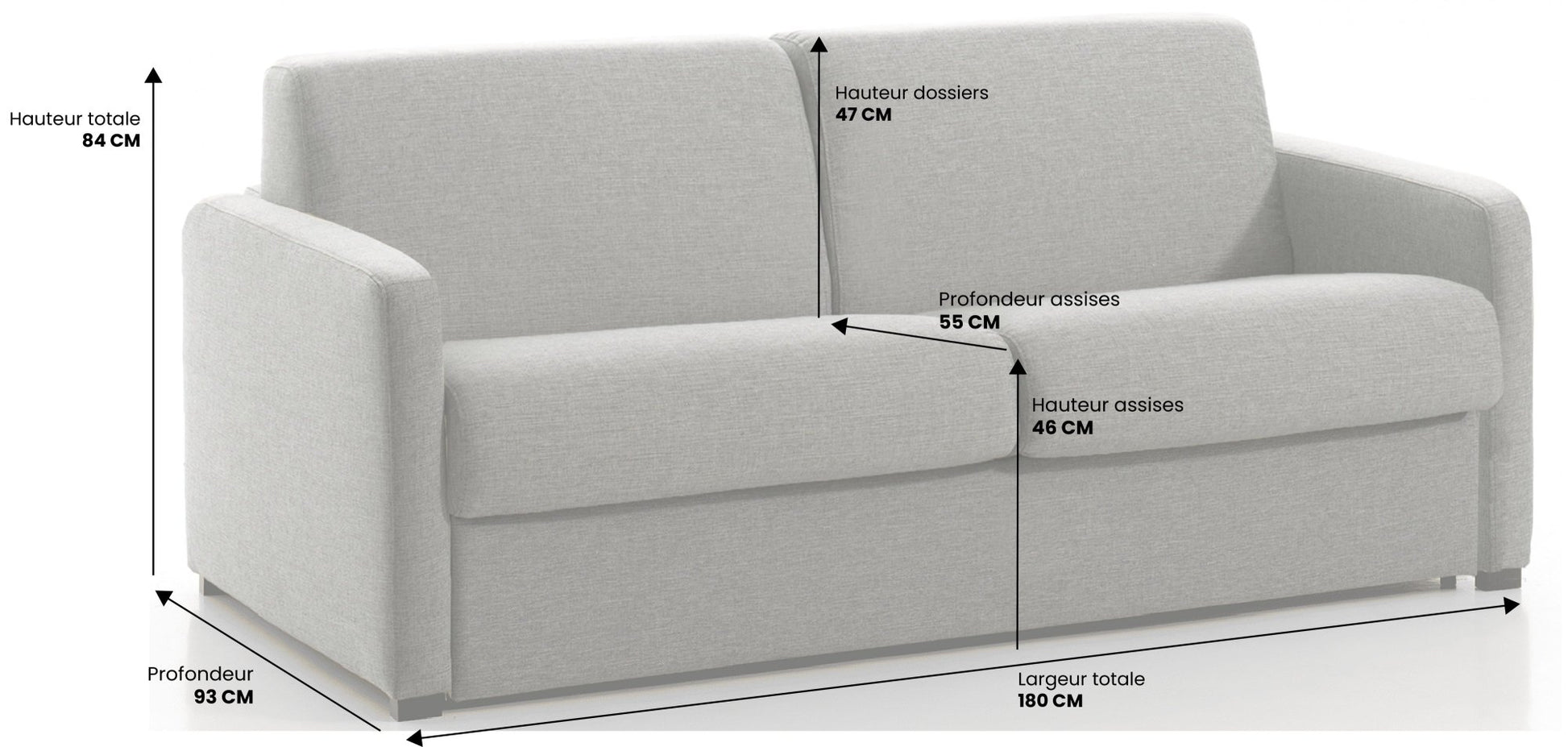 Canapé convertible 3 places BREST - Largeur 180 cm - Couchage 140 cm