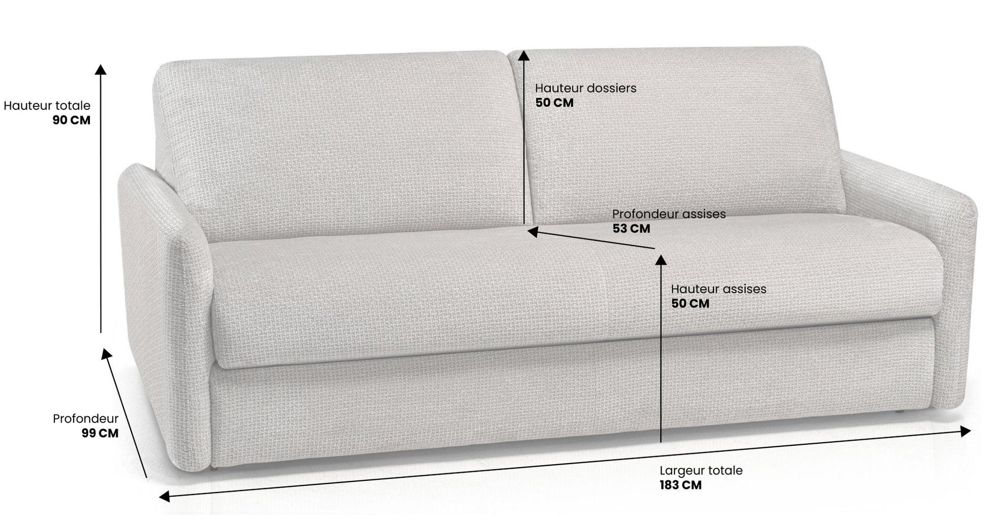 Canapé convertible 3 places ANNECY - Largeur 183 cm - Matelas 16cm - Couchage 140cm - Sommier doubles lattes larges