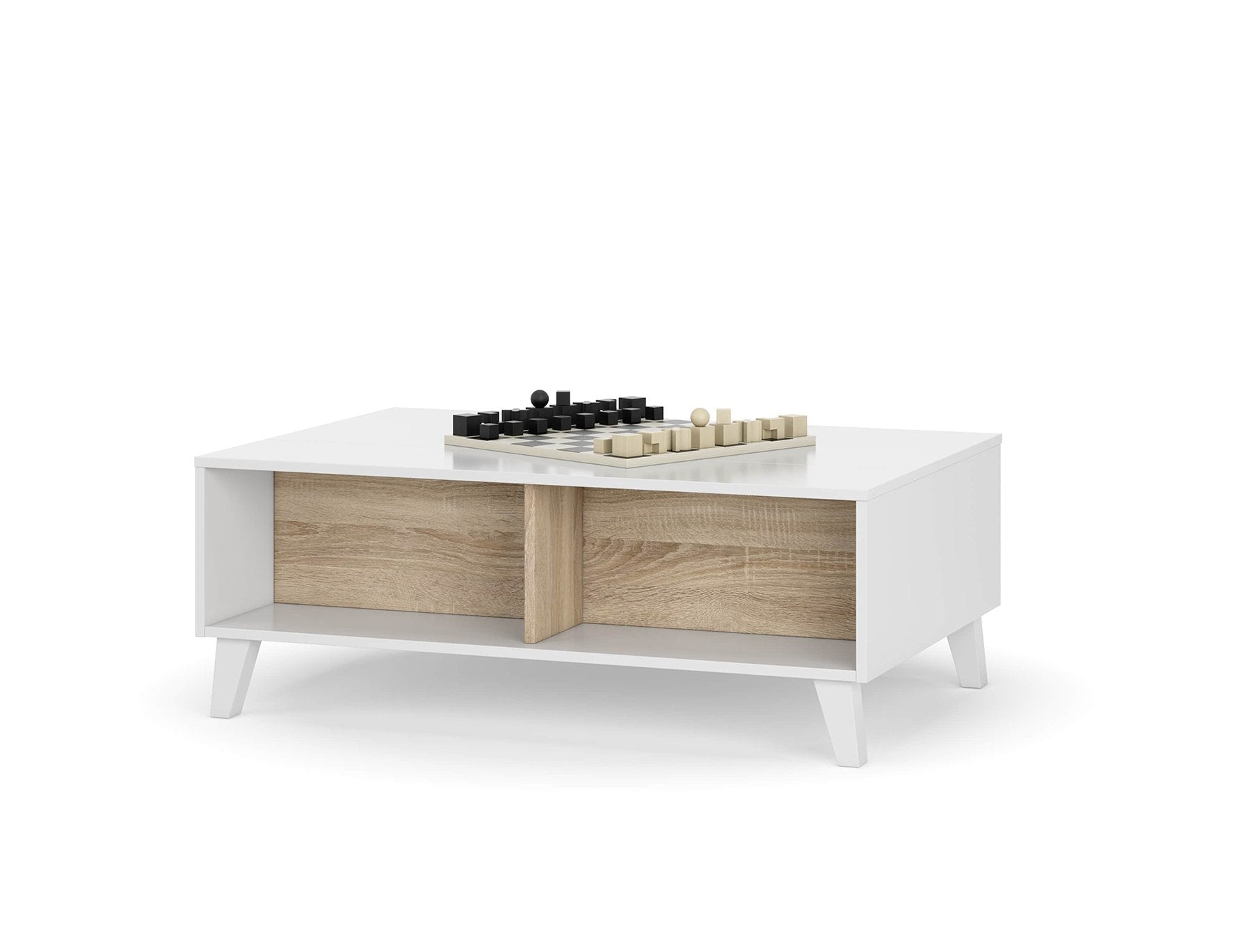 Table basse scandinave à plateau relevable avec rangements REGAL