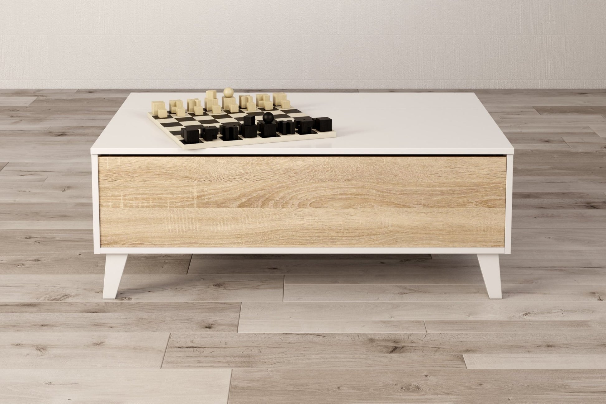 Table basse scandinave à plateau relevable avec rangements REGAL