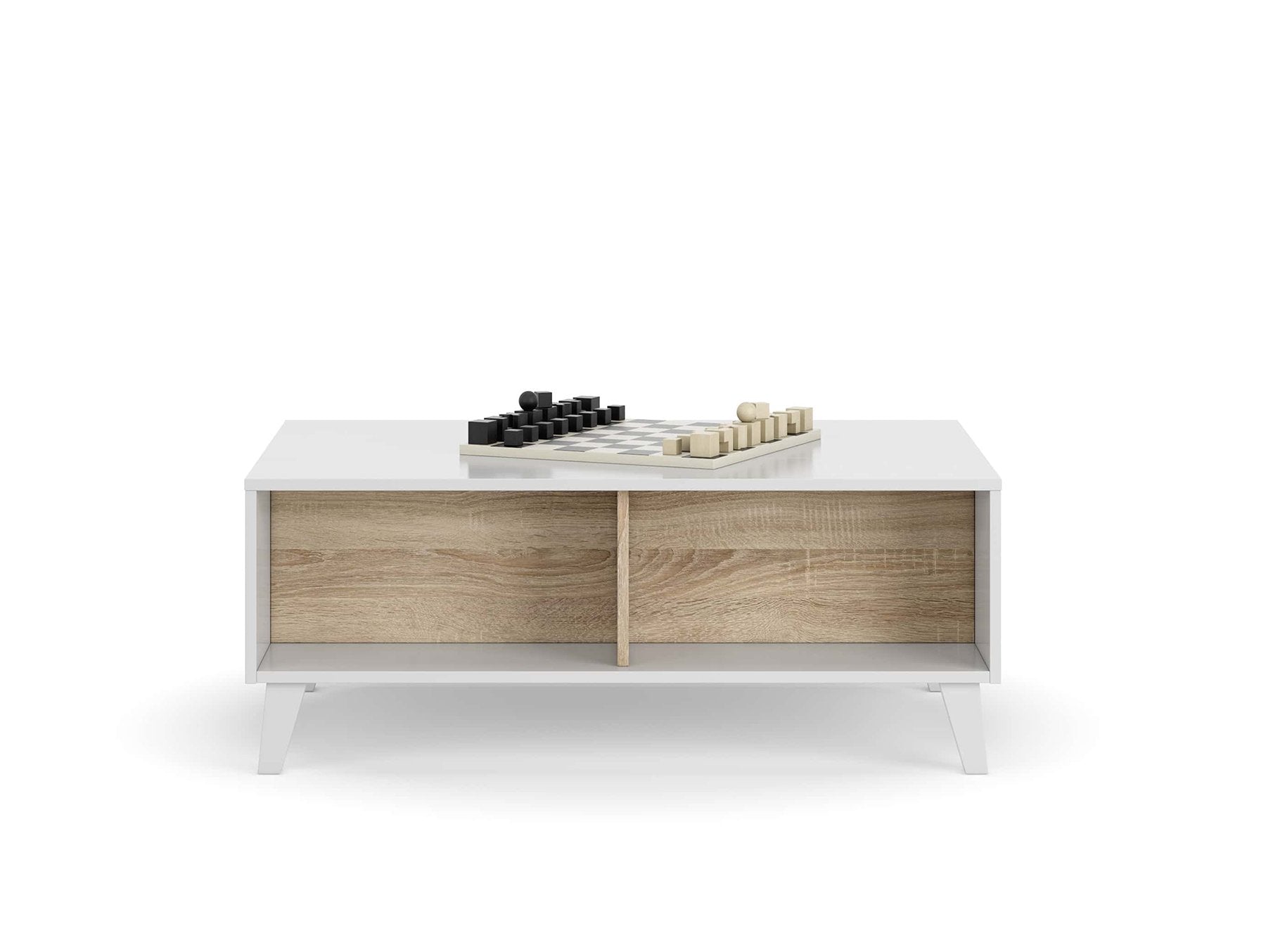 Table basse scandinave à plateau relevable avec rangements REGAL