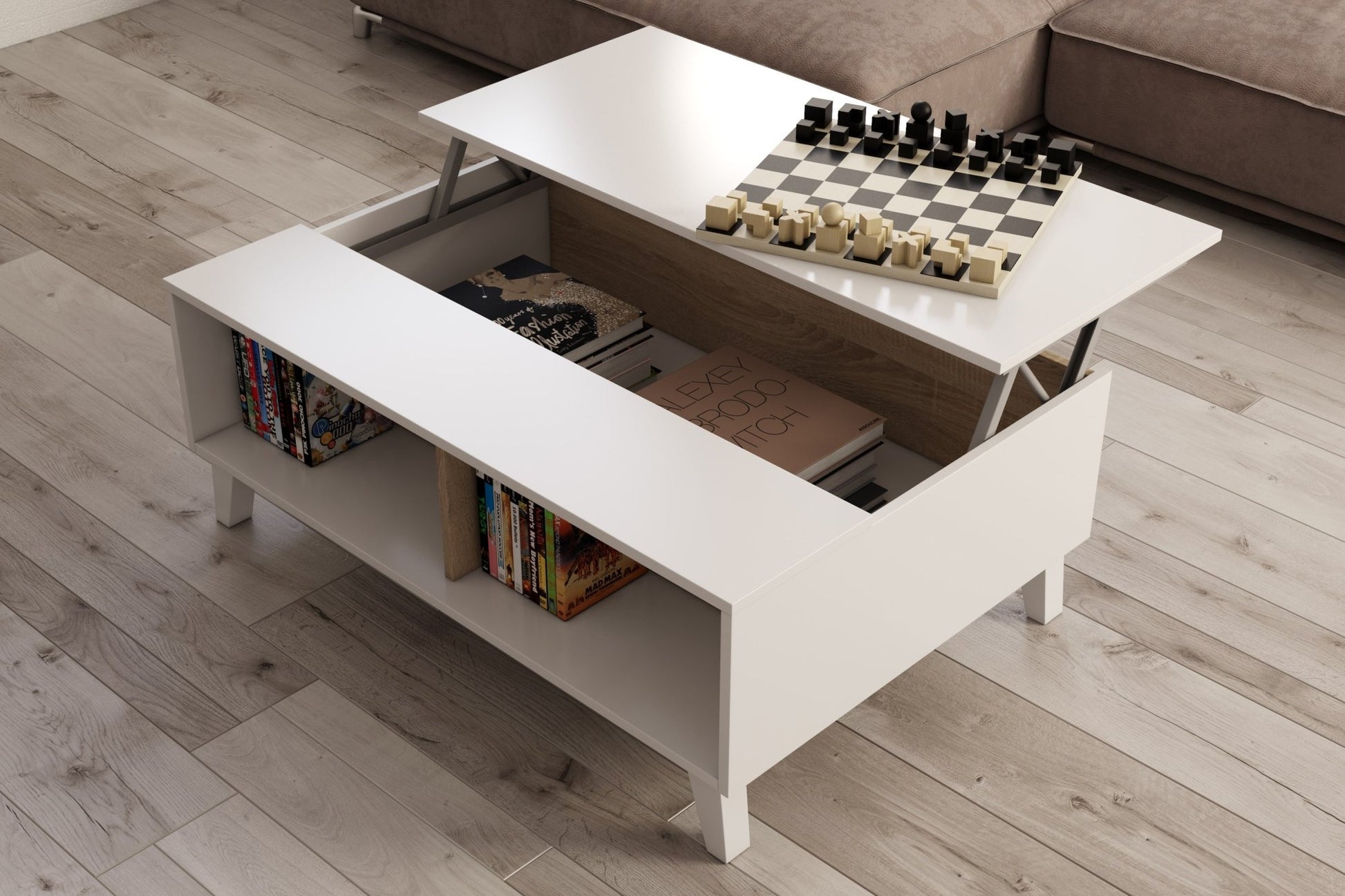 Table basse scandinave à plateau relevable avec rangements REGAL